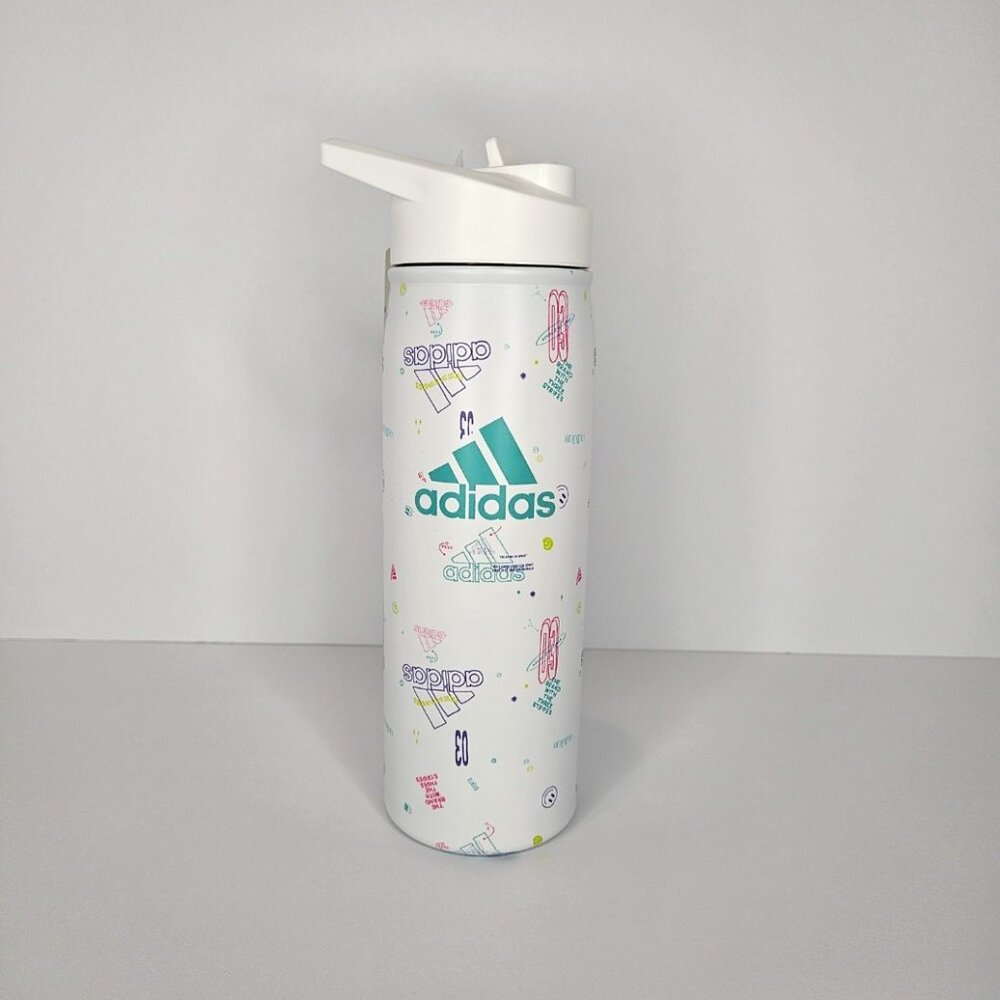 Adidas White 600 Metal Bottle with Straw 100% Stainless Steel NWT Colorful